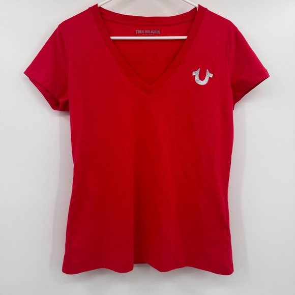 True Religion Tops - True Religion Top Womens Large Red V-Neck Tee Short Sleeve Glittery Logo Slim